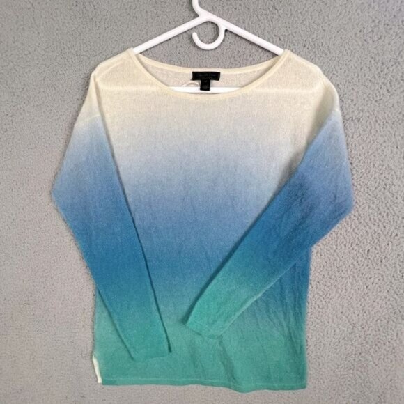 SAKS FIFTH AVENUE WOMENS CASHMERE BLOUSE SIZE SP BLUE GREEN WHITE - Picture 1 of 8